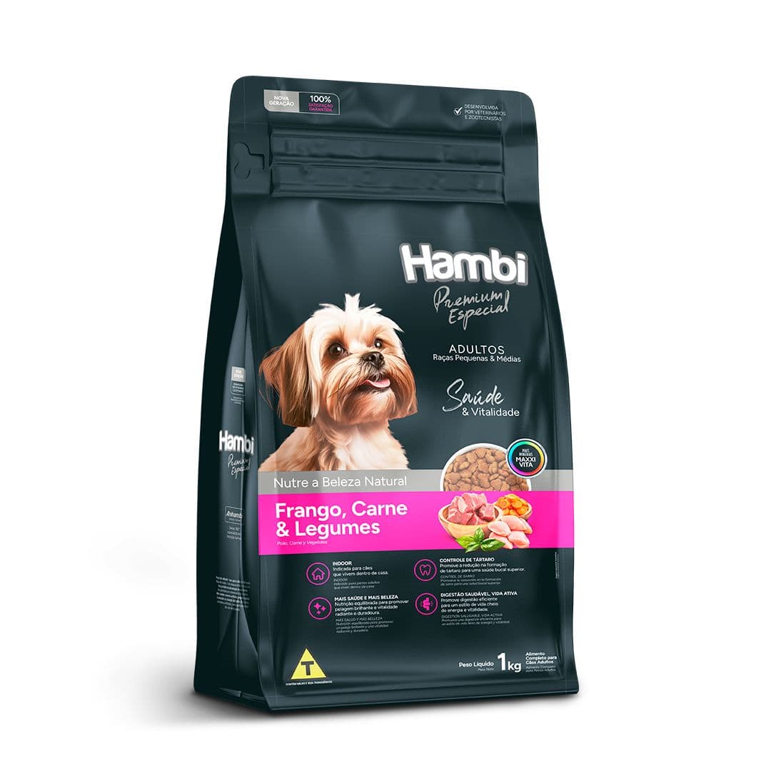 Hambi Premium Especial Adultos Raças Pequenas e Médias - Frango, Carne e Legumes